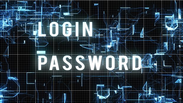 A holographic 3d illustration of a digital login password order put in a cyberspace with various geometric and sparkling shapeless images imposed on a network in a black background.