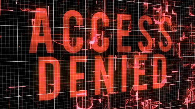 An amazing 3d illustration of an orange access denied command and geometric and sparkling shapeless forms imposed on a grid in a black background, located askew.