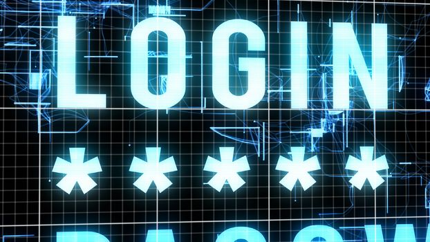 A splendid 3d rendering of a light blue login command with five asterisks and shimmering square forms imposed on a white network in a black background, located directly.