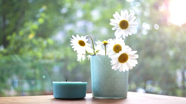 Chamomile, morning, candle, dawn. The concept of a summer morning. A Sunny mood. The morning has come.