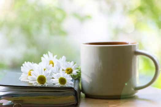 Mug, daisies, Notepad, glasses. The concept of a Sunny summer morning.