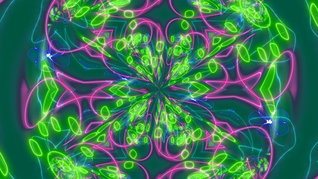 An exciting 3d illustration of colorful and multi shaped figures with numerous petal looking curvy lines, ovals, rounds, jigsaw lines, shimmering dots in the light dark green background.