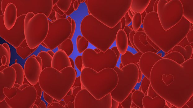 A lovely 3d rendering of purple hearts swinging and gleaming together in the violet background. They remind about St. Valentine day. They inspire for romantic mood.