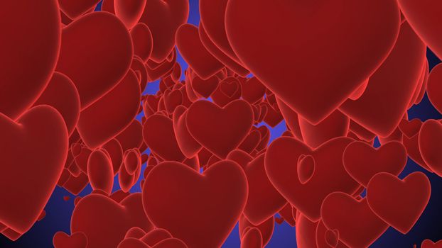 An amazing 3d illustration of purple hearts turning and shining together in the violet background. They remind us the St. Valentine day. They look tender and create a hearty atmosphere.