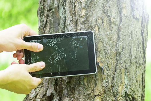 The man breaks the tablet PC on the tree