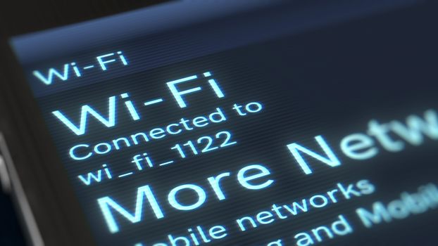 An astonishing 3d illustration of a mobile phone with sparklimg inscription Wi-Fi and More Networks icon. The screen of a phone is placed aslant in the black background.