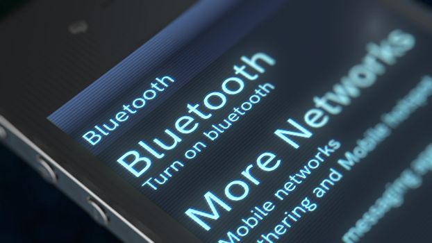 A splendid 3d rendering of a smart phone with sparkling inscription Bluetooth More Networks icon. The screen of a phone is placed askew in the black background