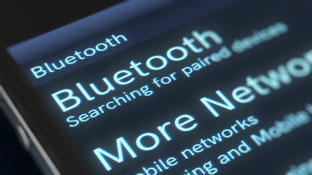 A wonderful 3d illustration of a smart phone with shining inscription Bluetooth More Networks icon. The screen of a phone is placed aslant in the black background.