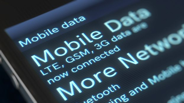 A magnificent 3d rendering of a smart phone with shining inscription GSM and Mobile Data icons. The screen of a smart phone is placed diagonally in the black background.