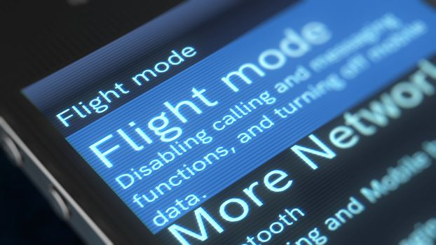 An original 3d illustration of a mobile phone with shimmering inscription Flight Mode and More networks icons. The mobile phone is placed aslant in the black background.