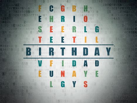 Entertainment, concept: Painted blue word Birthday in solving Crossword Puzzle on Digital Data Paper background