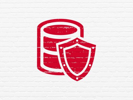 Software concept: Painted red Database With Shield icon on White Brick wall background