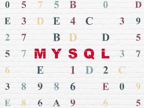 Software concept: Painted red text MySQL on White Brick wall background with Hexadecimal Code