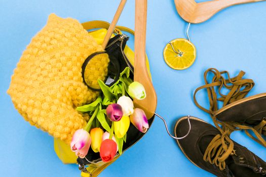 Women's bag with clothes and shoes on a colored background