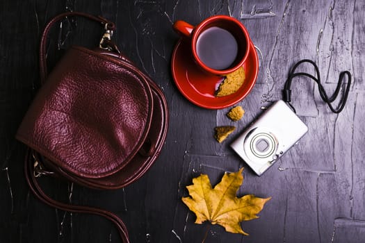 Bag, coffee, camera, autumn leaves