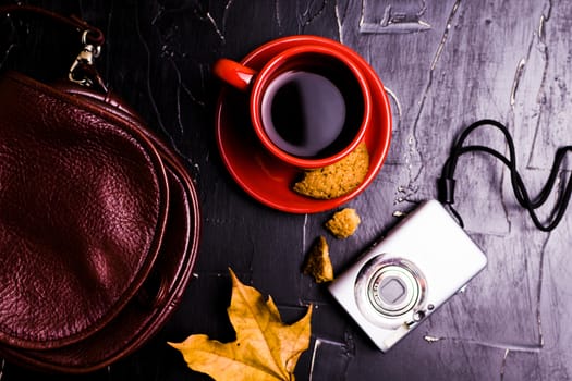 Bag, coffee, camera, autumn leaves