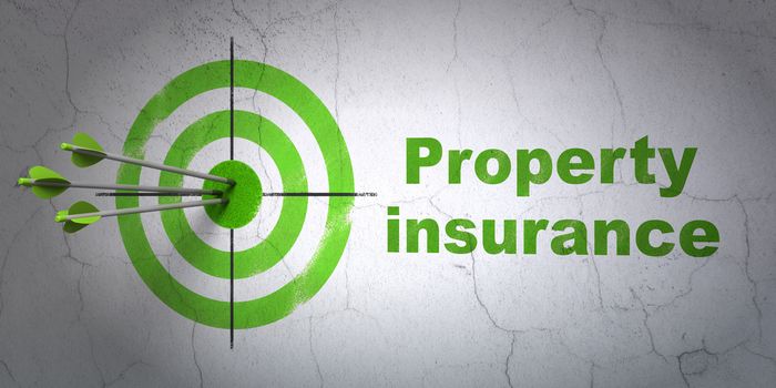 Success Insurance concept: arrows hitting the center of target, Green Property Insurance on wall background, 3D rendering