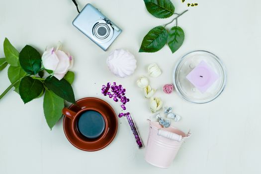 Flowers, marshmallows, cream color, rose, camera on pastel background. Still life.