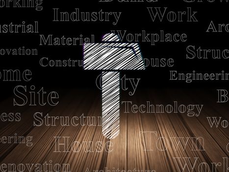Building construction concept: Glowing Hammer icon in grunge dark room with Wooden Floor, black background with  Tag Cloud