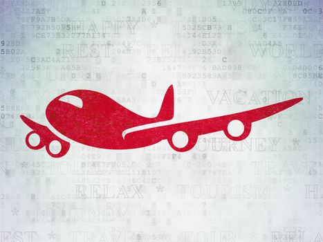 Tourism concept: Painted red Airplane icon on Digital Data Paper background with  Tag Cloud