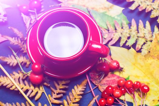 A hot Cup of tea surrounded by autumn leaves. The concept of autumn
