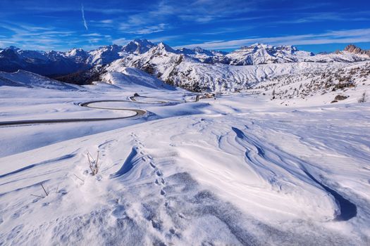 winter landscape of Passo Giau, Dolomites, Italy