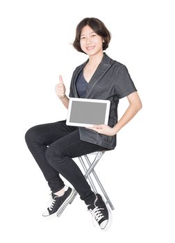 Asian women sit on chair with using mobile phone ,Cut out isolated over white background