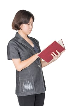 Young female short hair holding up red book, Cut out isolated on white background