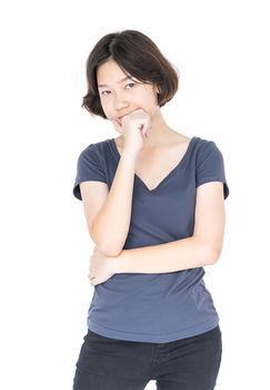 Young female short hair with blank gray t-shirt, Cutout isolated on white background