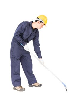 Young man in uniform hold mop for cleaning glass window, Cut out isolated on white background