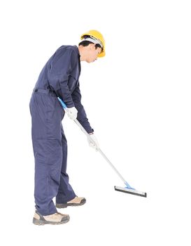 Young man in uniform hold mop for cleaning glass window, Cut out isolated on white background