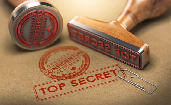 3D illustration of two rubber stamps with the text confidential and top secret stamped on brown paper background. Sensitive information and National security concept.