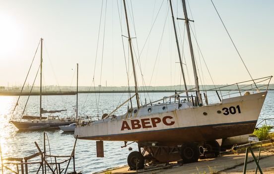 boats on the river sunset river Volga port of ships