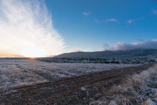 Winter fields sunset with clouds moving by wind