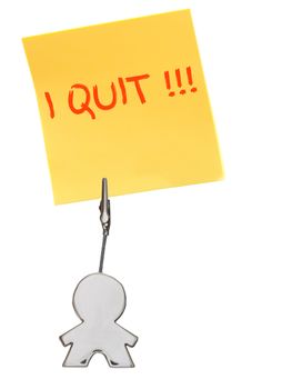Yellow sticker, paper note isolated on white, held by busines card holder figure, business concept, man holding sign I quit