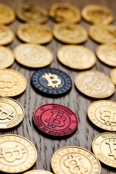 Crypto currency physical bitcoin coin. Bitcoin tokens digital money concept.