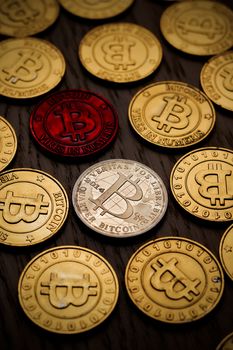 Crypto currency physical bitcoin coin. Bitcoin tokens digital money concept.