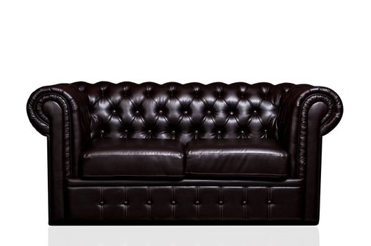 Vintage old dark brown leather sofa isolated on white background