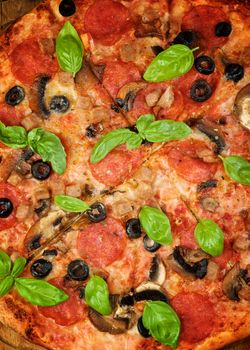 Background of Freshly Baker Pepperoni and Mushrooms Pizza with Basil closeup