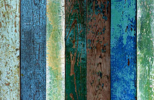 Background of Green, Blue and Grey Old Cracked Wooden Board closeup