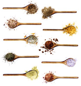 Collection of Various Spices in Wooden Spoons: Coriander,  Dried Paprika, Salt with Chili and Petals, Thyme, Cumin and Curry Powders, Dried Chili and Kosher Salt isolated on White background