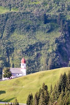 View of the village church of Damüls in the Austrian Tyrol