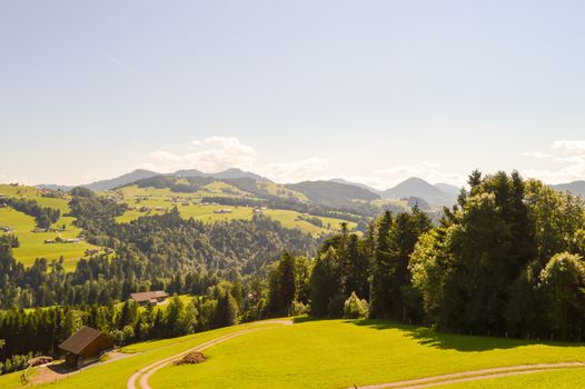 View of a valley and green hills in the Austrian Tyrol