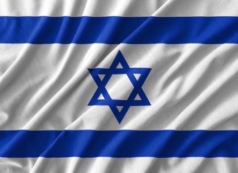 Israel flag painting on high detail of wave cotton fabrics . 3D illustration .