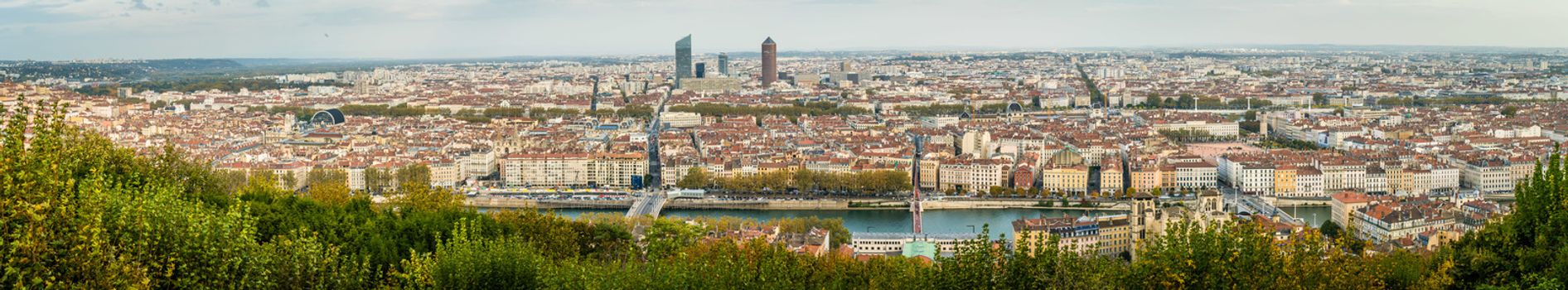 Panorama of the city Lyon in France taken from the hill of Notre-Dame-De-Fourvières