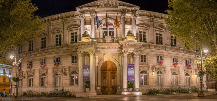 Avignon city hall at night in France