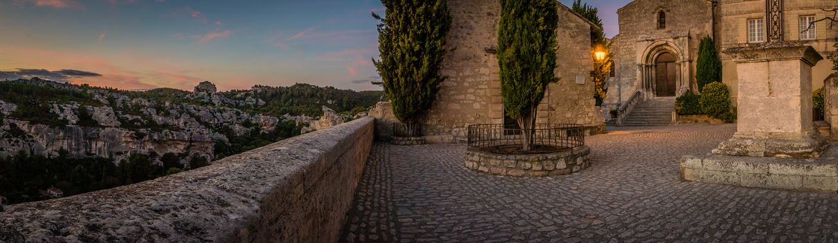 Panorama of Baux-de-Provence and its church in France in the summer