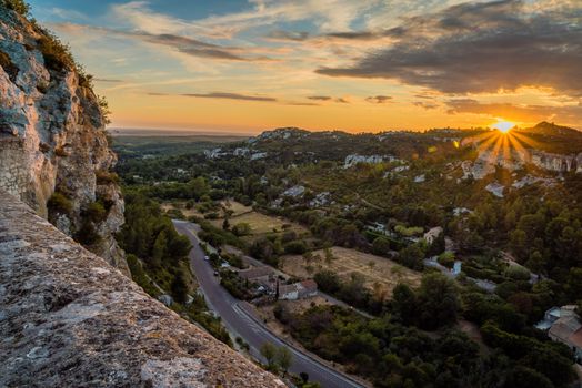 Sunset over Baux-de-Provence in France in the summer