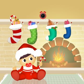 illustration of Christmas socks on the fireplace