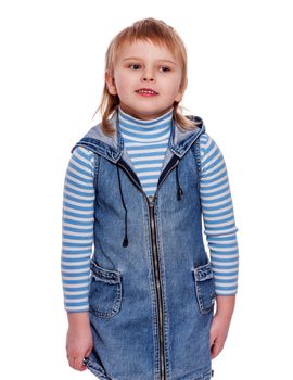 Portrait of Little girl wearing jeans dress isolated on white